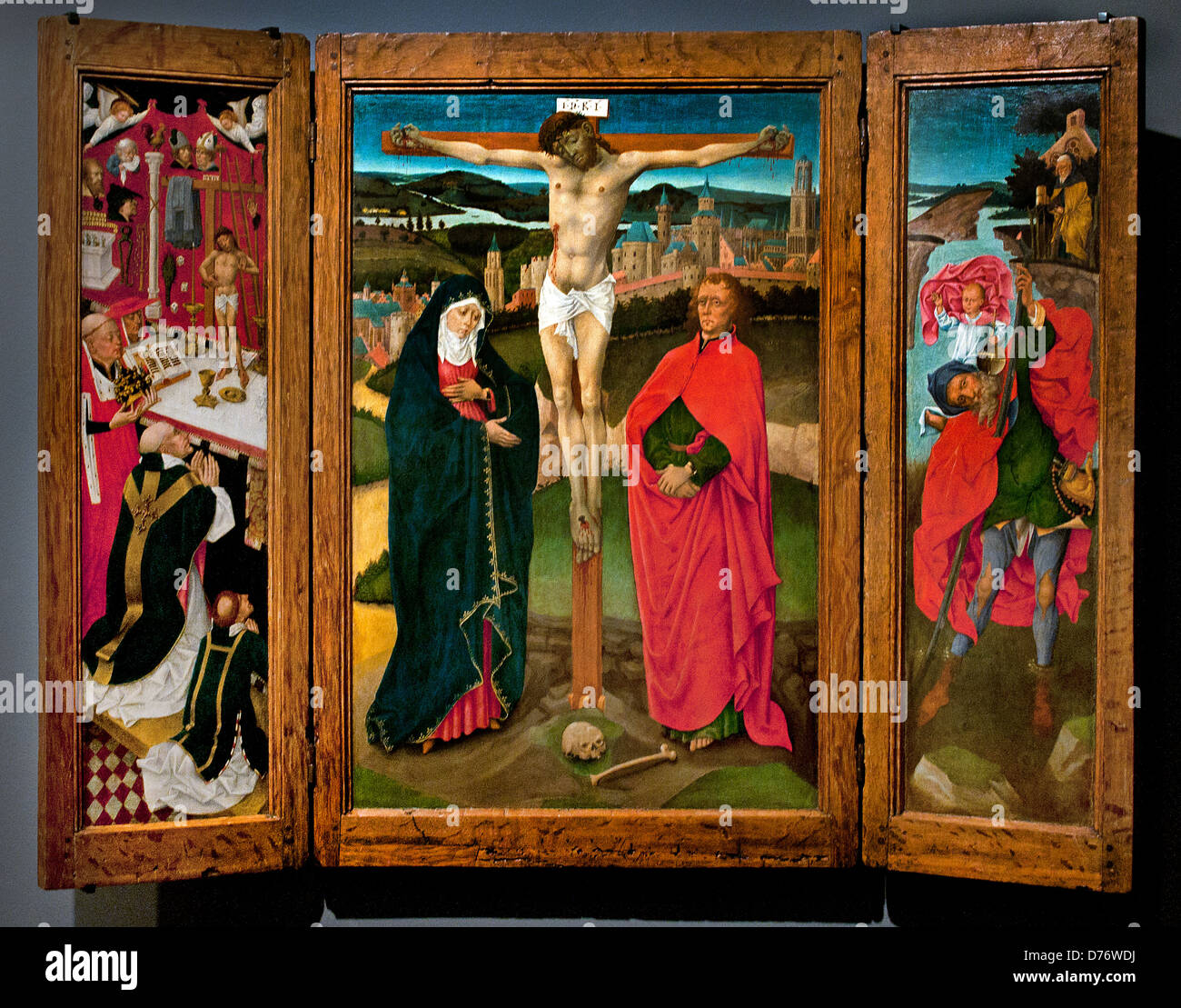 Triptych with the Crucifixion 1450 Utrecht  Left Pope Gregory the Great background Utrecht right Saint Christopher  Netherlands Stock Photo