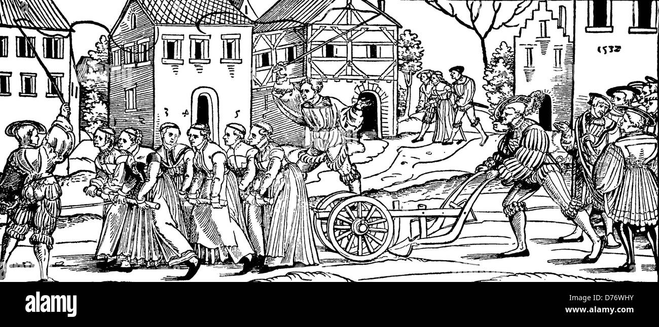 Carnival tradition: remaining unmarried women of the last year pulling a plow, 1532, woodcut from 1880