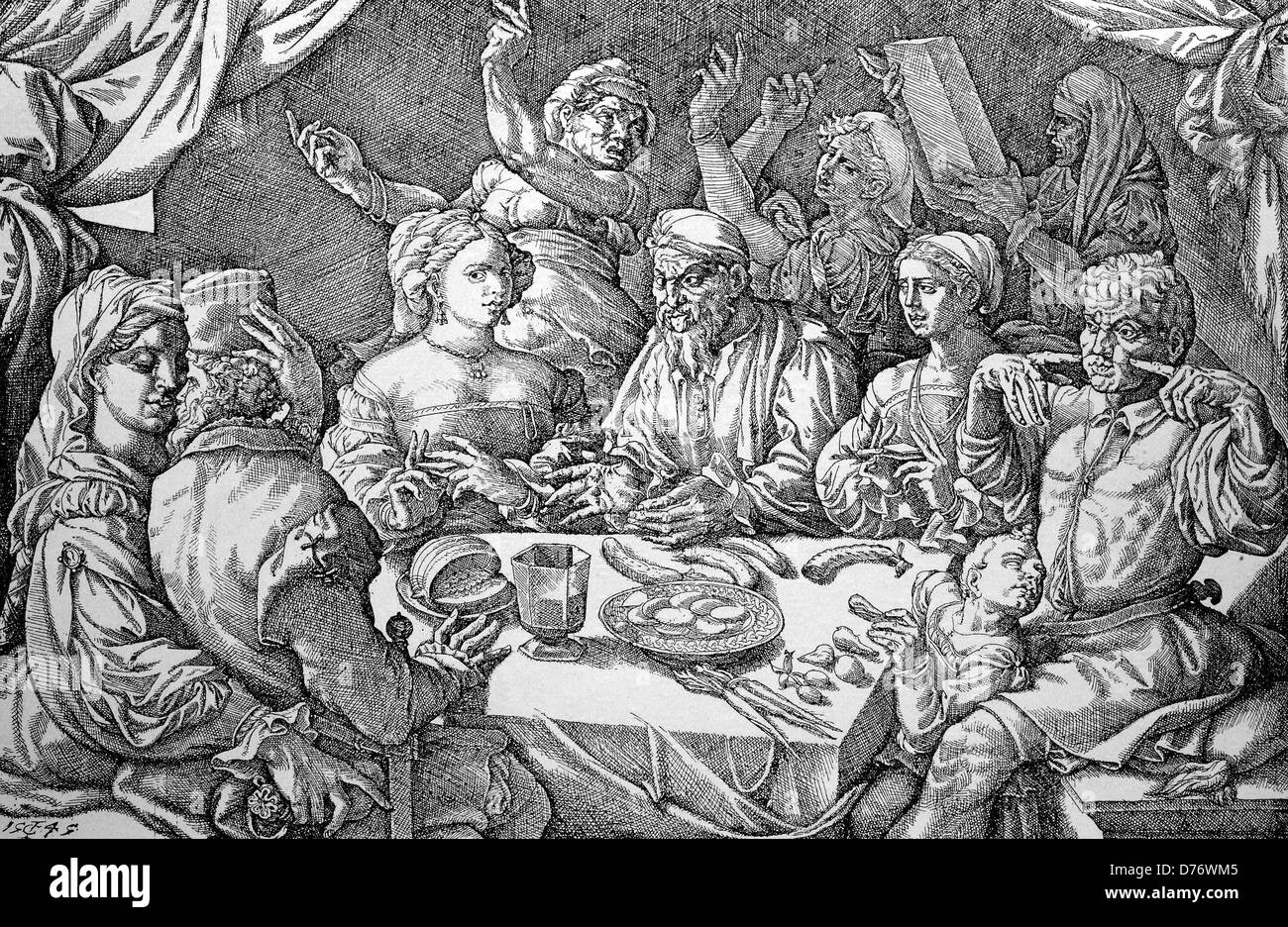 Symbolic representation of the coarseness of love habits in the Renaissance, Spanish engraving, 1545 Stock Photo
