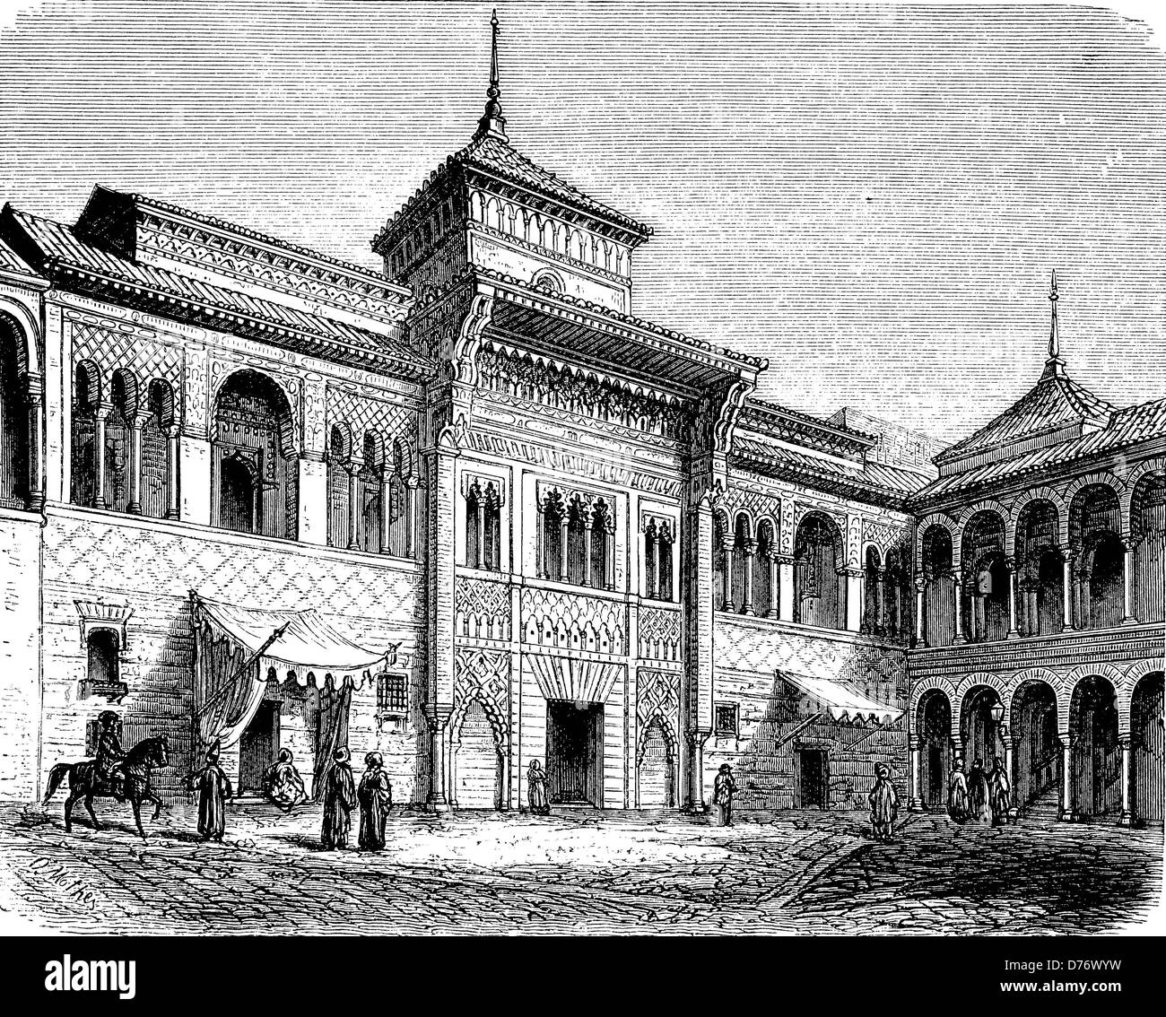 Alcazar in Seville, Spain, historical woodcut, 1870 Stock Photo