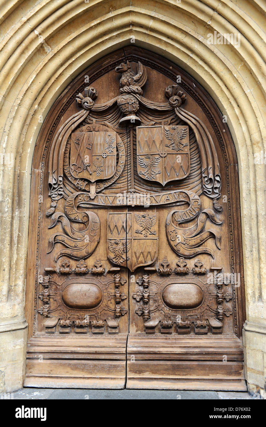 Bath Cathedral carved oak door Uk Stock Photo