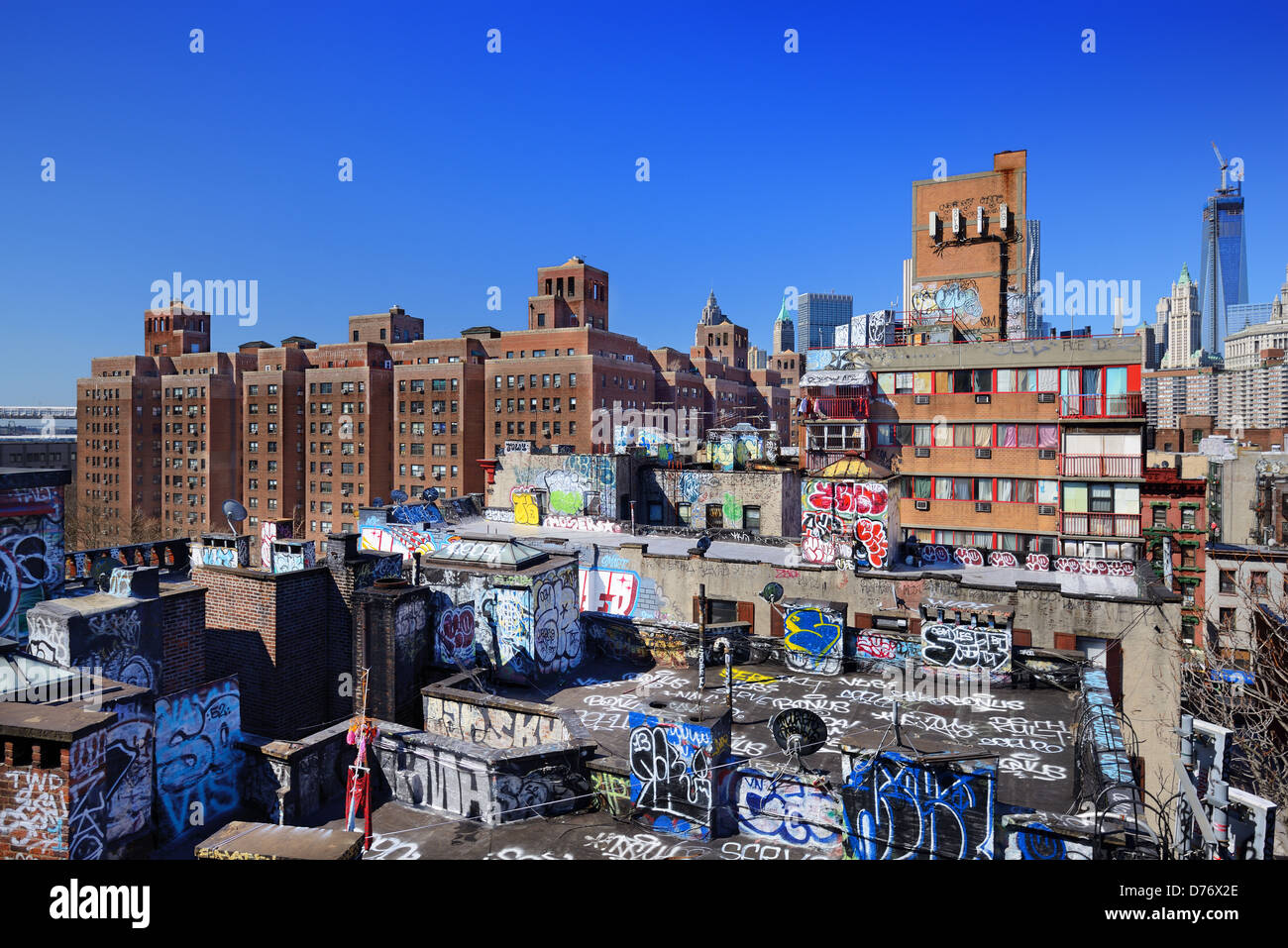 Gritty rooftops in the Lower East Side of Manhattan with graffiti. Stock Photo