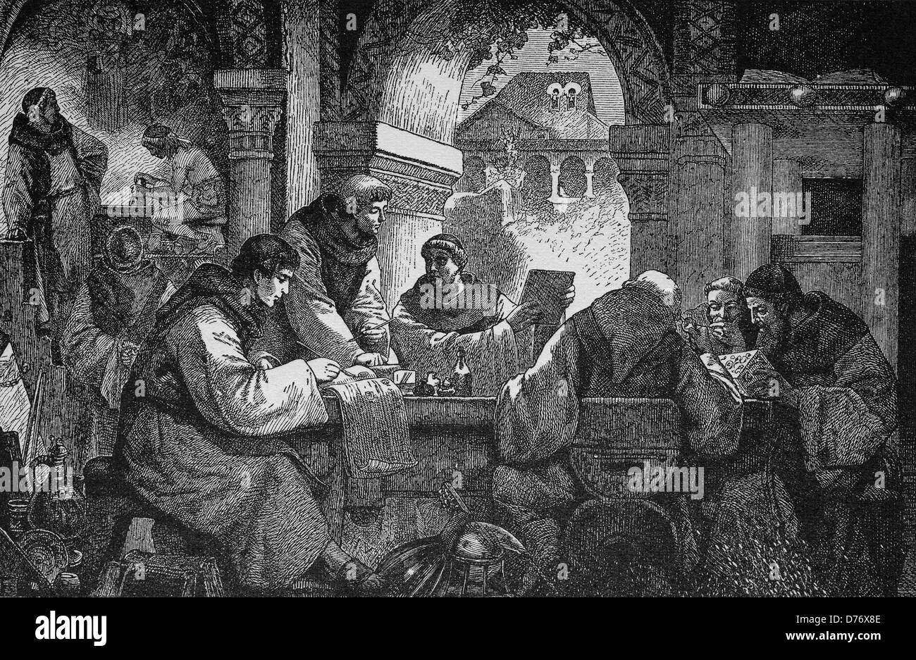 Scientific meeting in Klotrene in the 6th century, historical woodcut, 1870 Stock Photo
