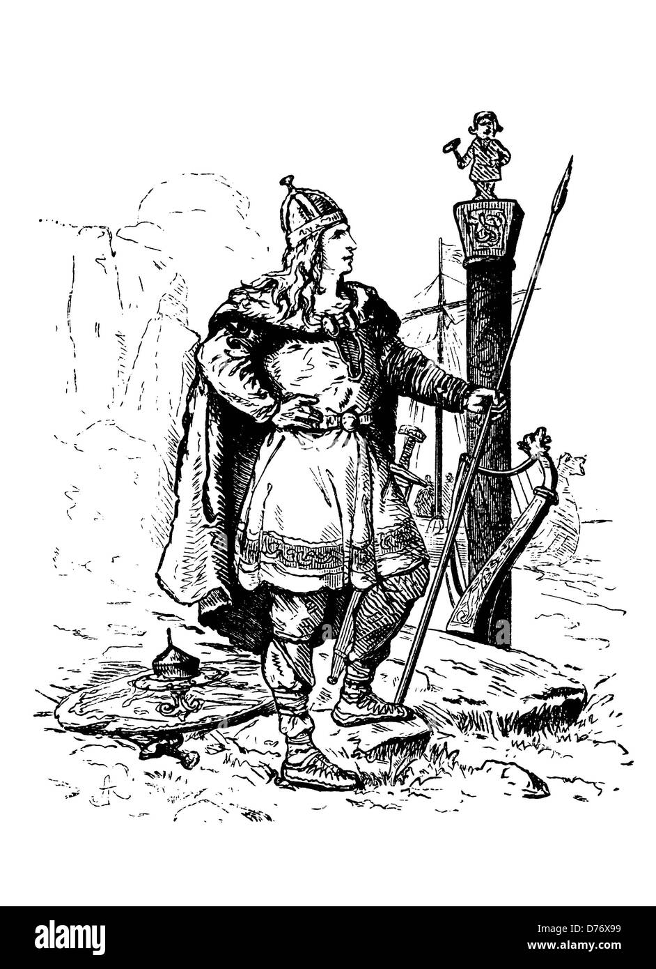 Nordic Viking, woodcut from 1880 Stock Photo