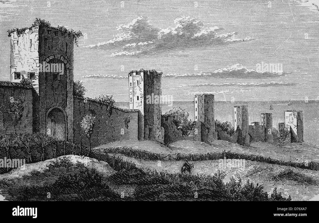 City walls of Visby, Sweden, in the Middle Ages, historical woodcut, 1870 Stock Photo
