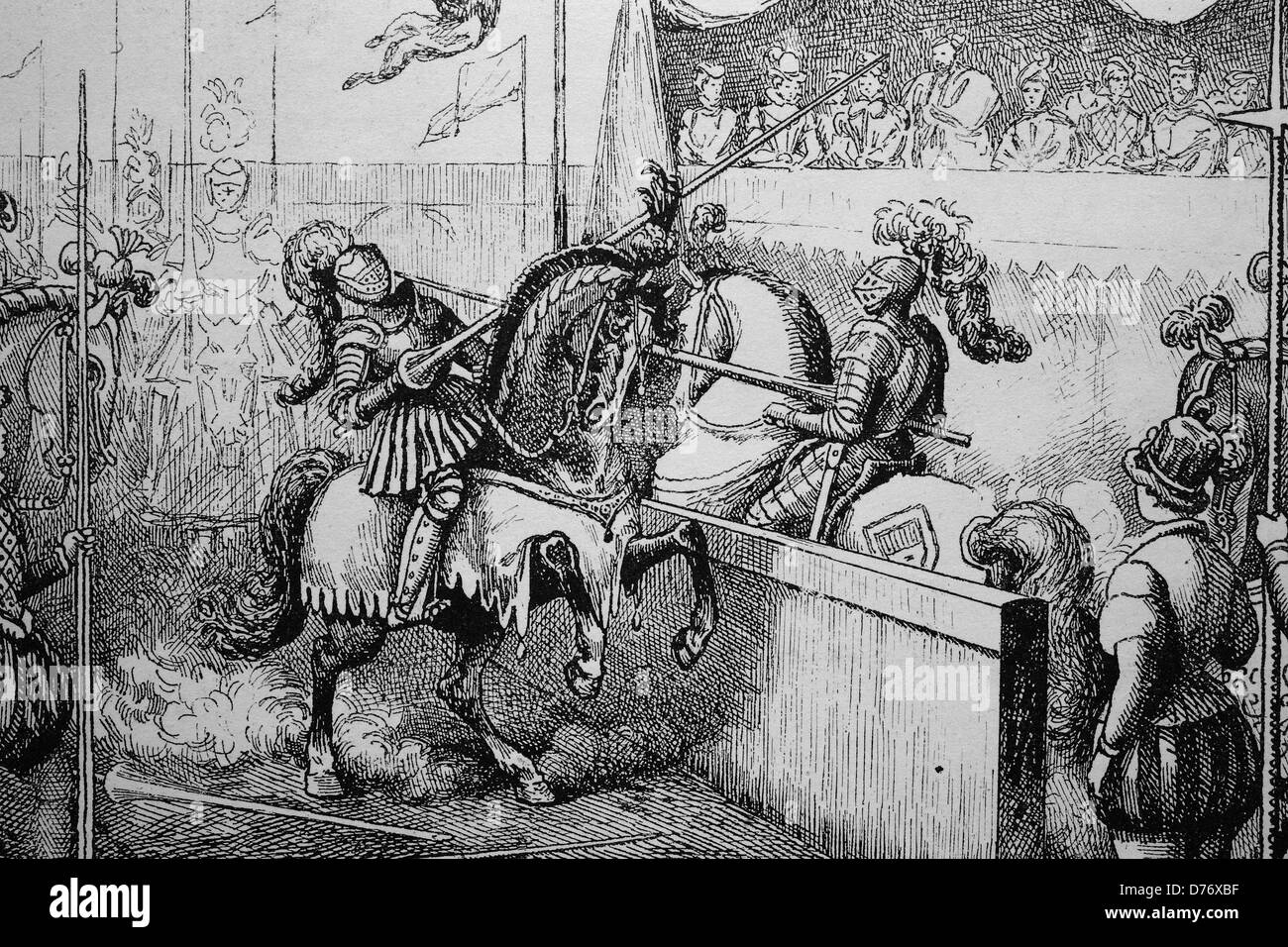 Knights' tournament, historic woodcut, 1870 Stock Photo