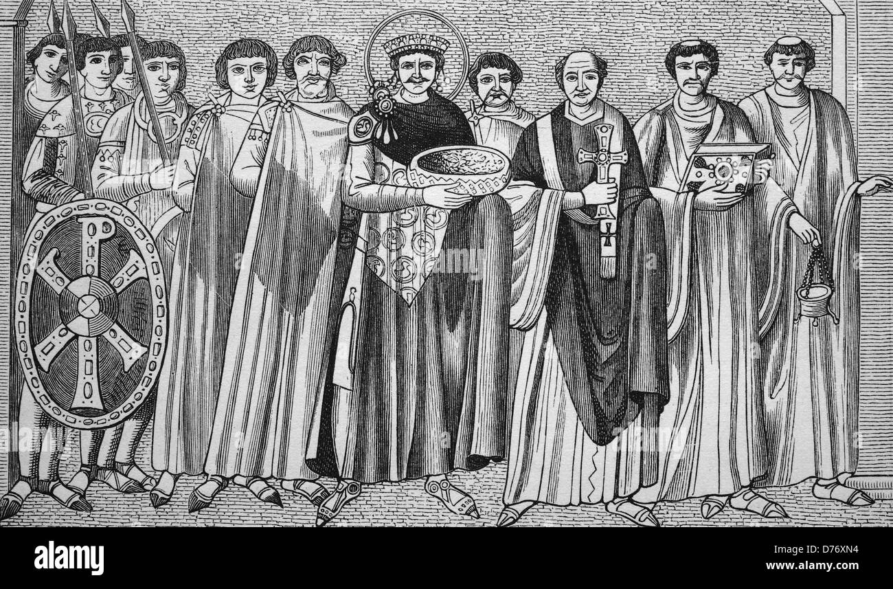 Emperor Justinian I and Bishop Maximian with court, woodcut from 1880 Stock Photo