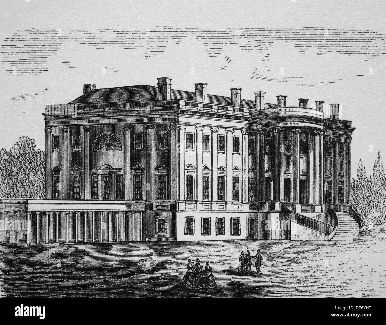The White House in Washington, USA, woodcut from 1880 Stock Photo