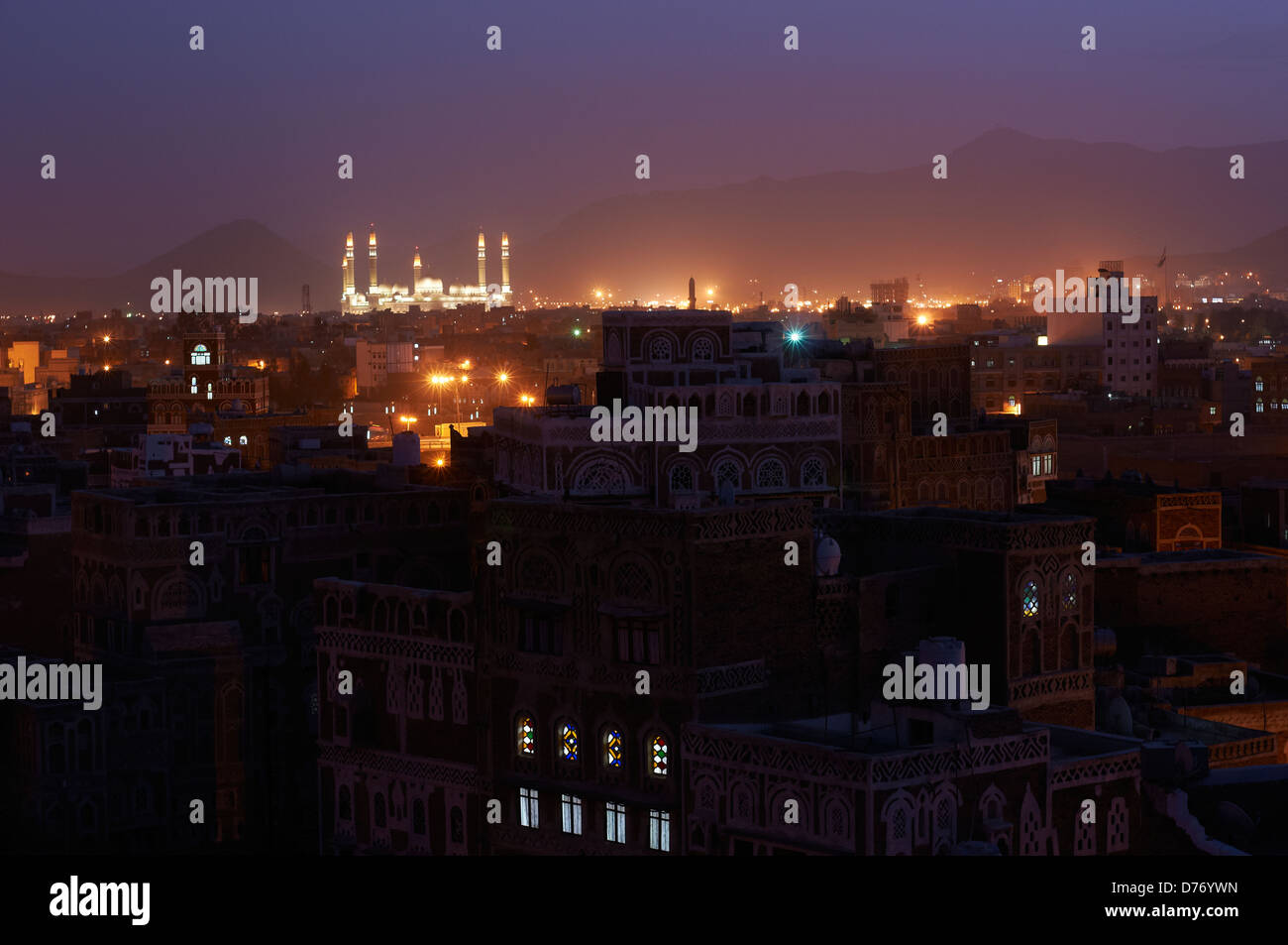 Night cityscape at the capital of Yemen, Sana'a Stock Photo