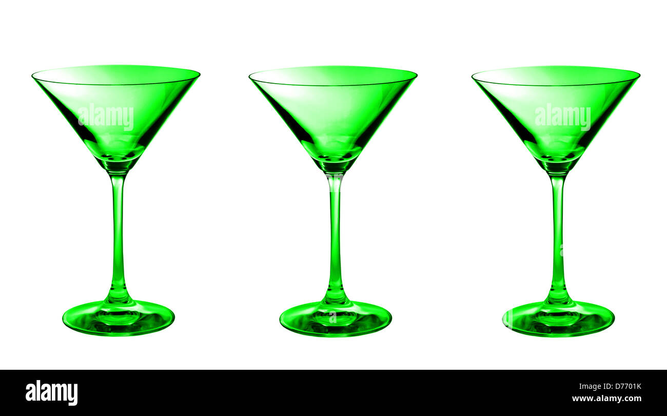 Three green empty martini glasses in a row isolated Stock Photo Alamy