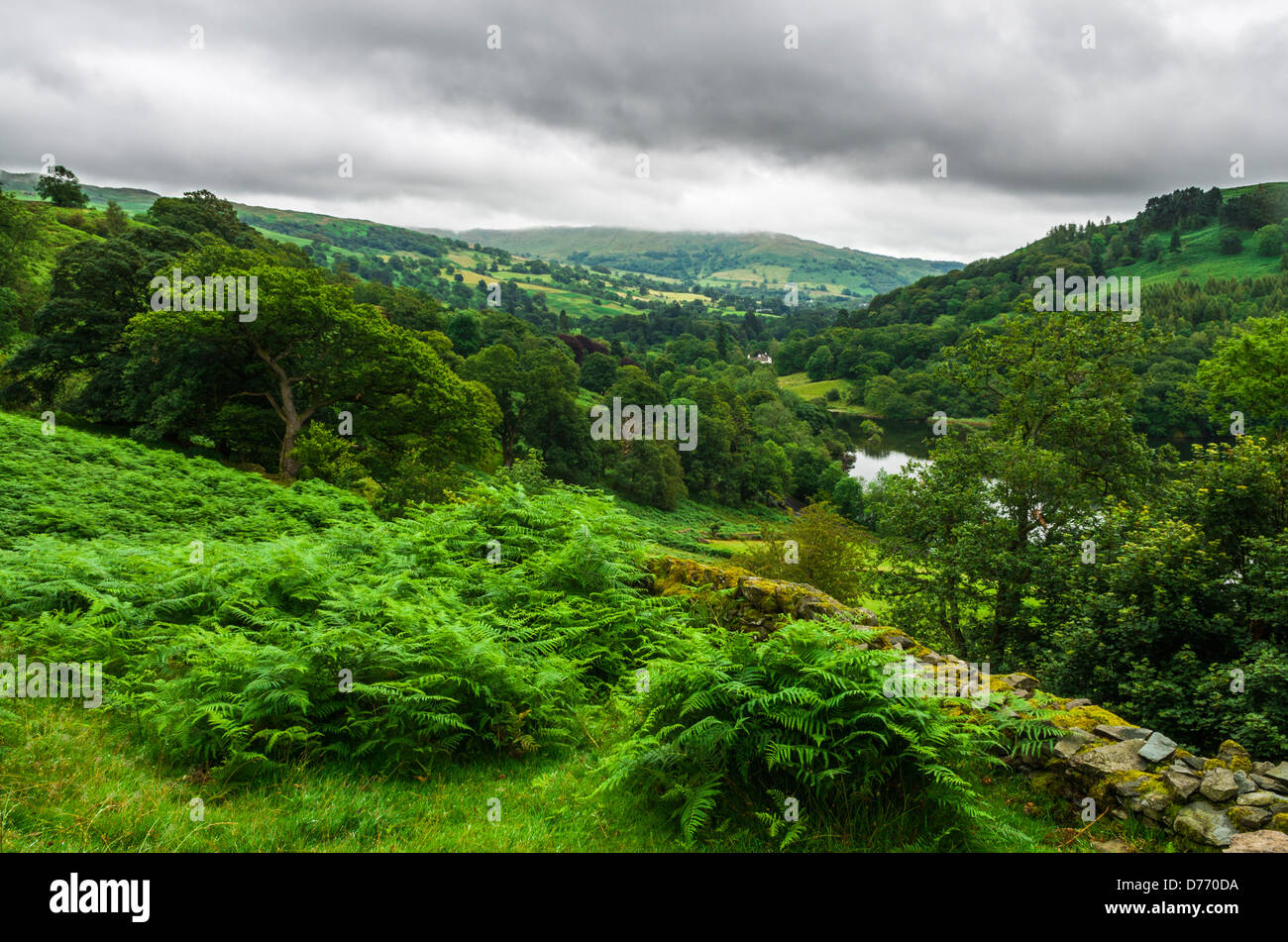 View over the Lake District landscape and Rydal Water, Cumbria, England. Stock Photo