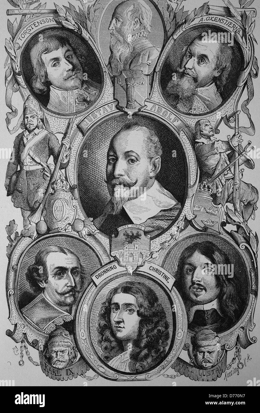Swedish Emperors: Gustav Vasa, Gustav Adolf, Dronning Christine, A. Oxenstierna, Charles Gustav, Charles IX, Torstenson, histori Stock Photo