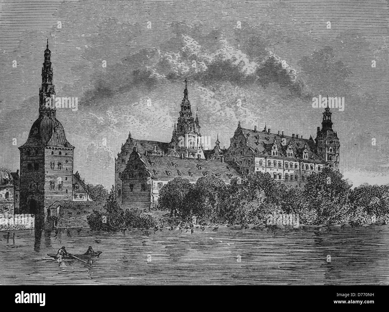 Frederiksborg Castle, Hillerod, Denmark, woodcut from 1880 Stock Photo