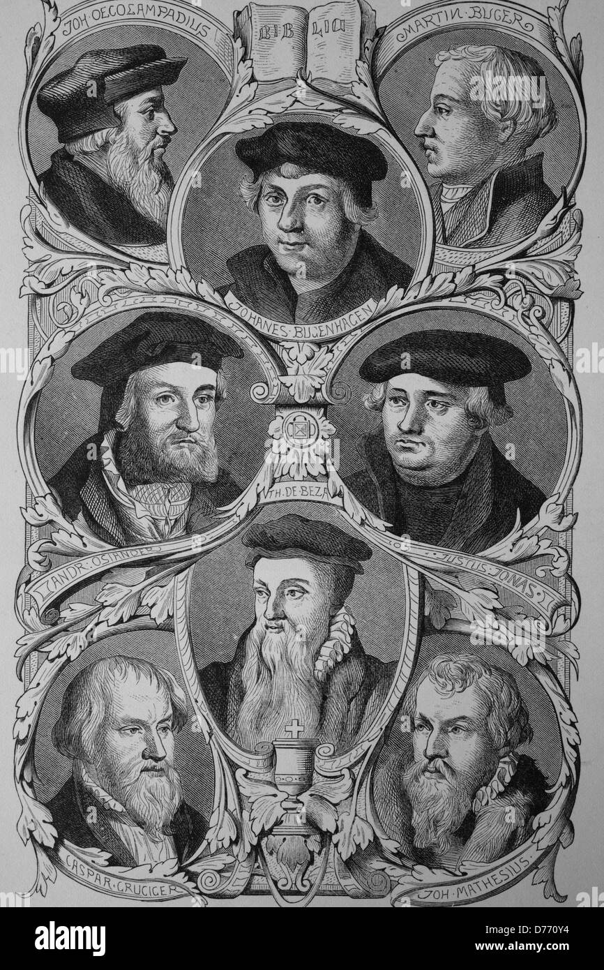 Sponsors of the Reformation by Luther: Johannes Oecolampadius, Andreas Osiander, Caspar Gruciger, Théodore de Beza, Johanes Buge Stock Photo