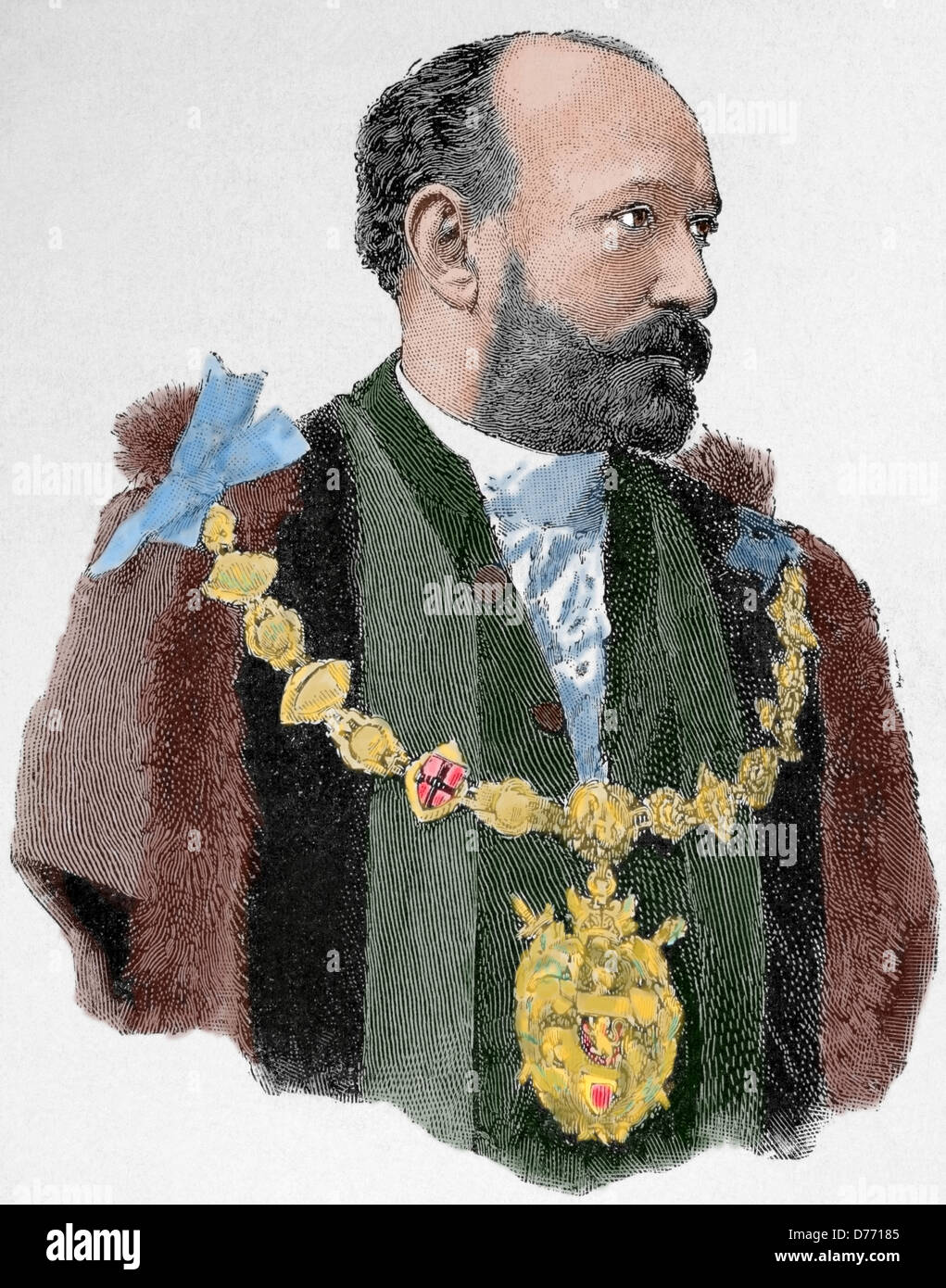 Augustus Harris (1852-1896). English actor, businessman and dramatist. Engraving in The Artistic Ilustration, 1896. Colored. Stock Photo