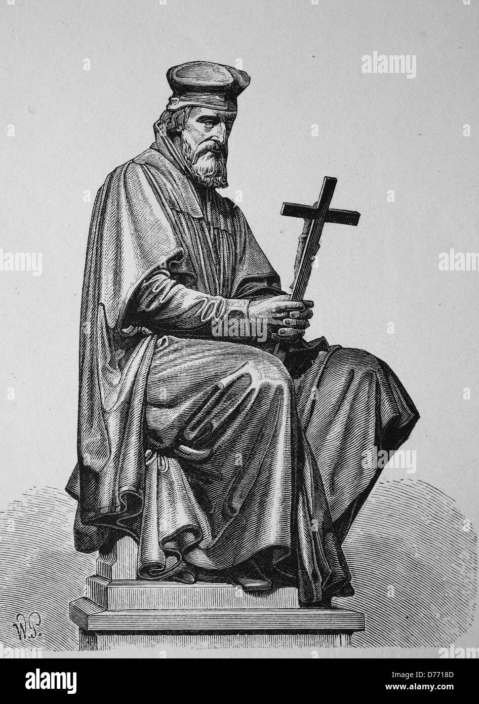 Jan Hus, John Huss, 1369 - 1415, Christian reformer, founder of the Hussite Church, woodcut from 1880