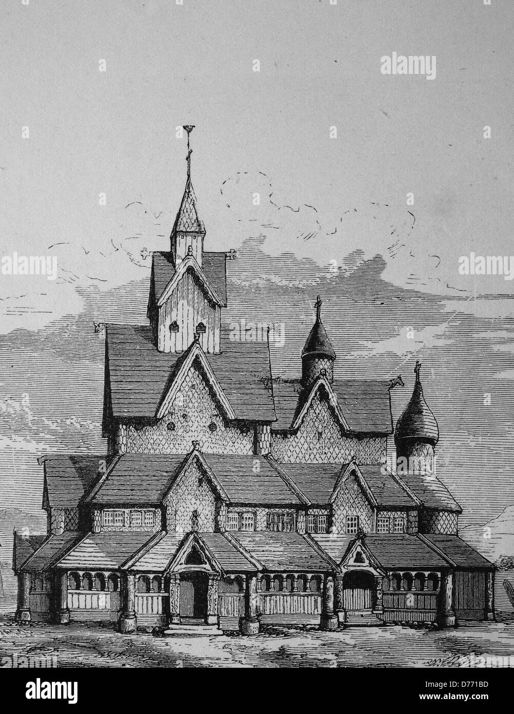 Hiterdal stave church, Norway, historical woodcut, 1870 Stock Photo