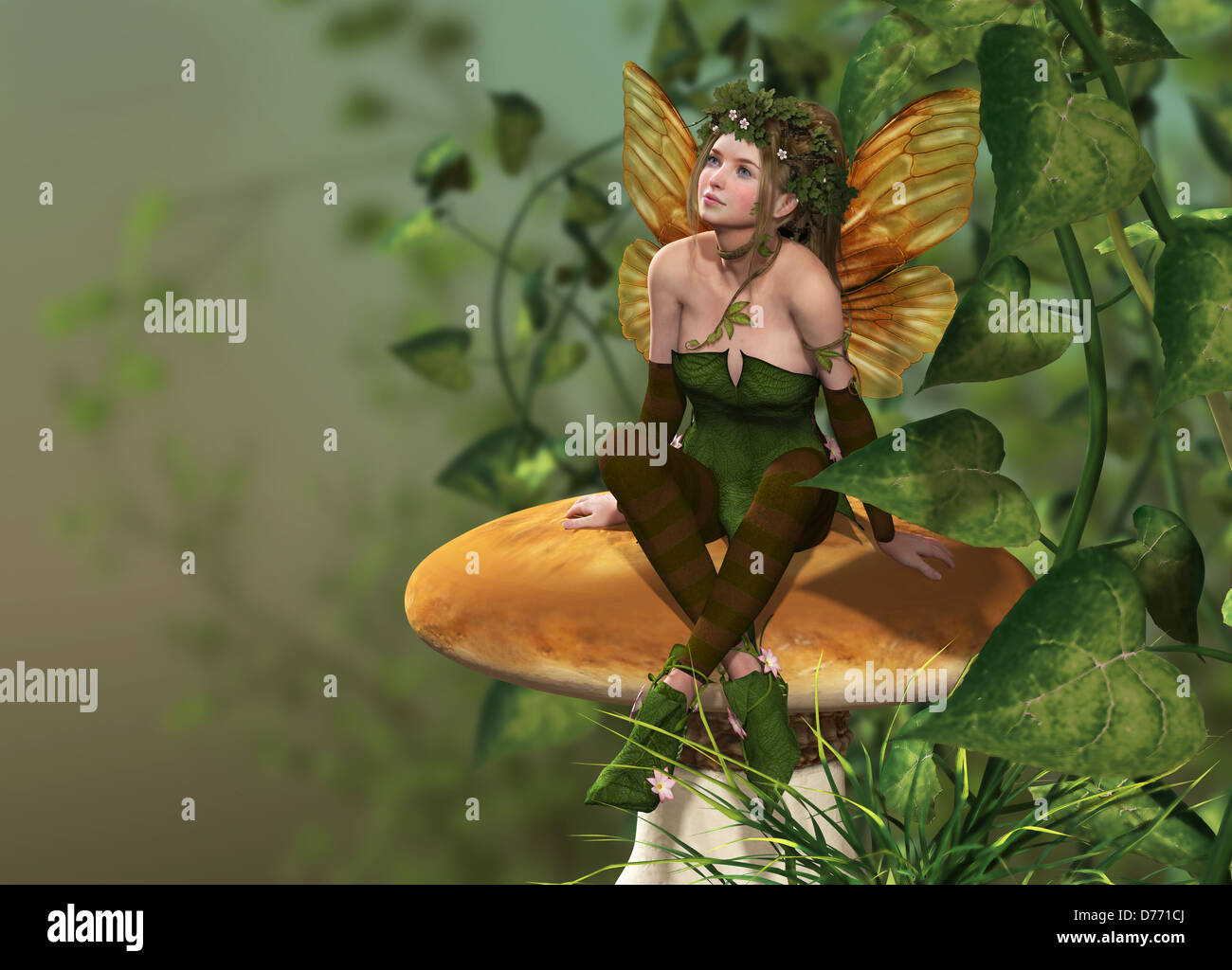 a little fairy is sitting on a mushroom Stock Photo