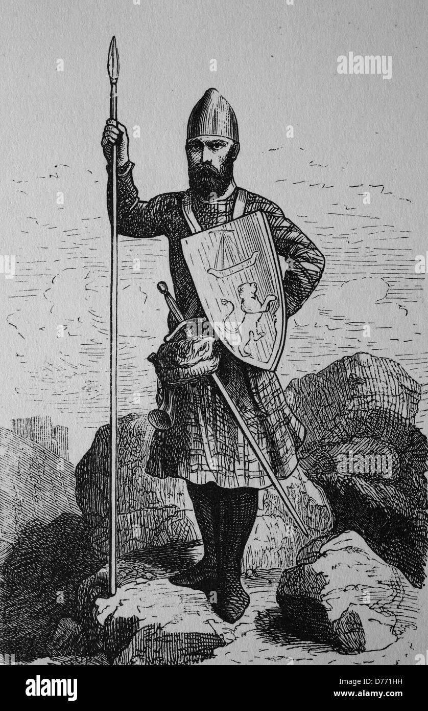 Scottish warrior from the 13th century, woodcut from 1880 Stock Photo