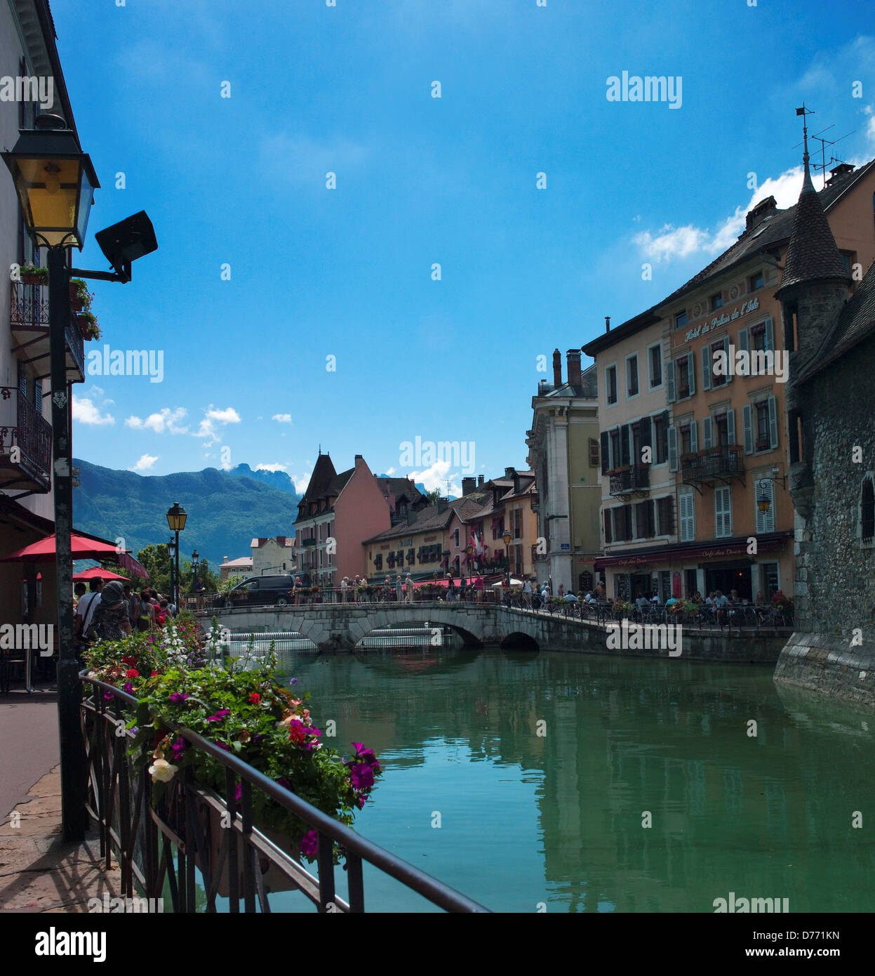 Summer at Annecy old town waterside restaurants lining Quai Perriere in