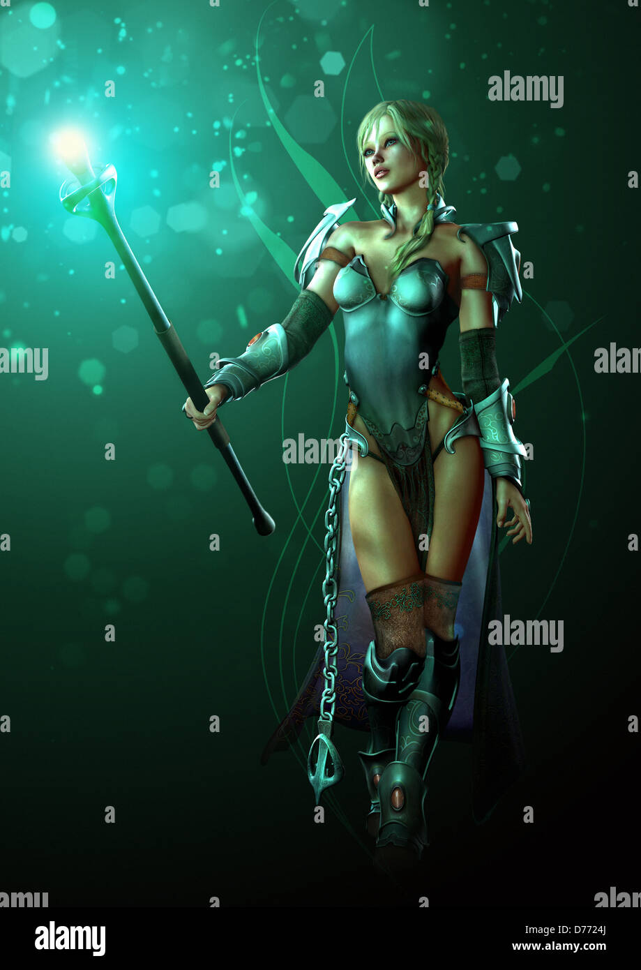 an illustration of a fantasy warrior maiden with luminous wand Stock Photo