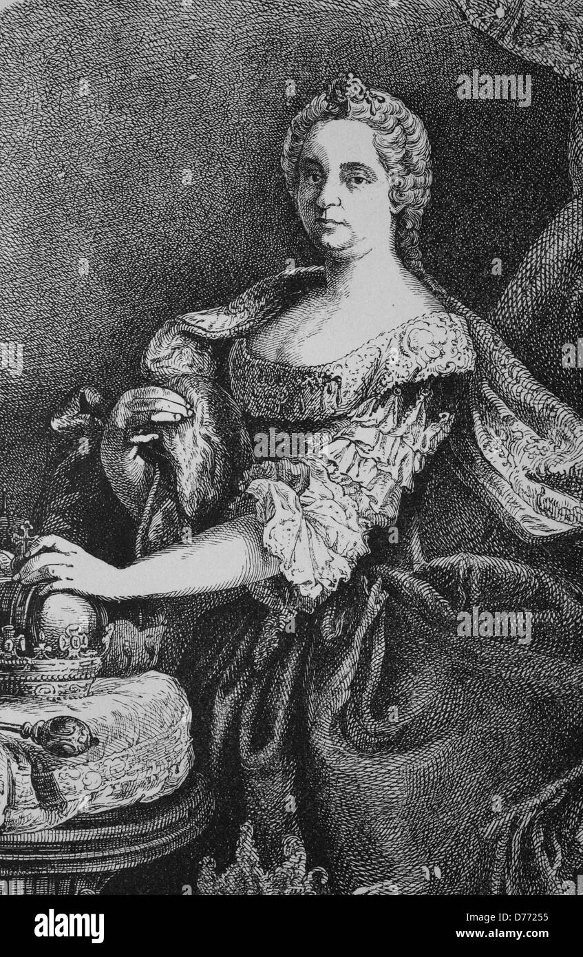 Maria Theresa of Austria, 1717 - 1780, sovereign of Austria and Queen of Hungary and Bohemia, woodcut from 1880 Stock Photo