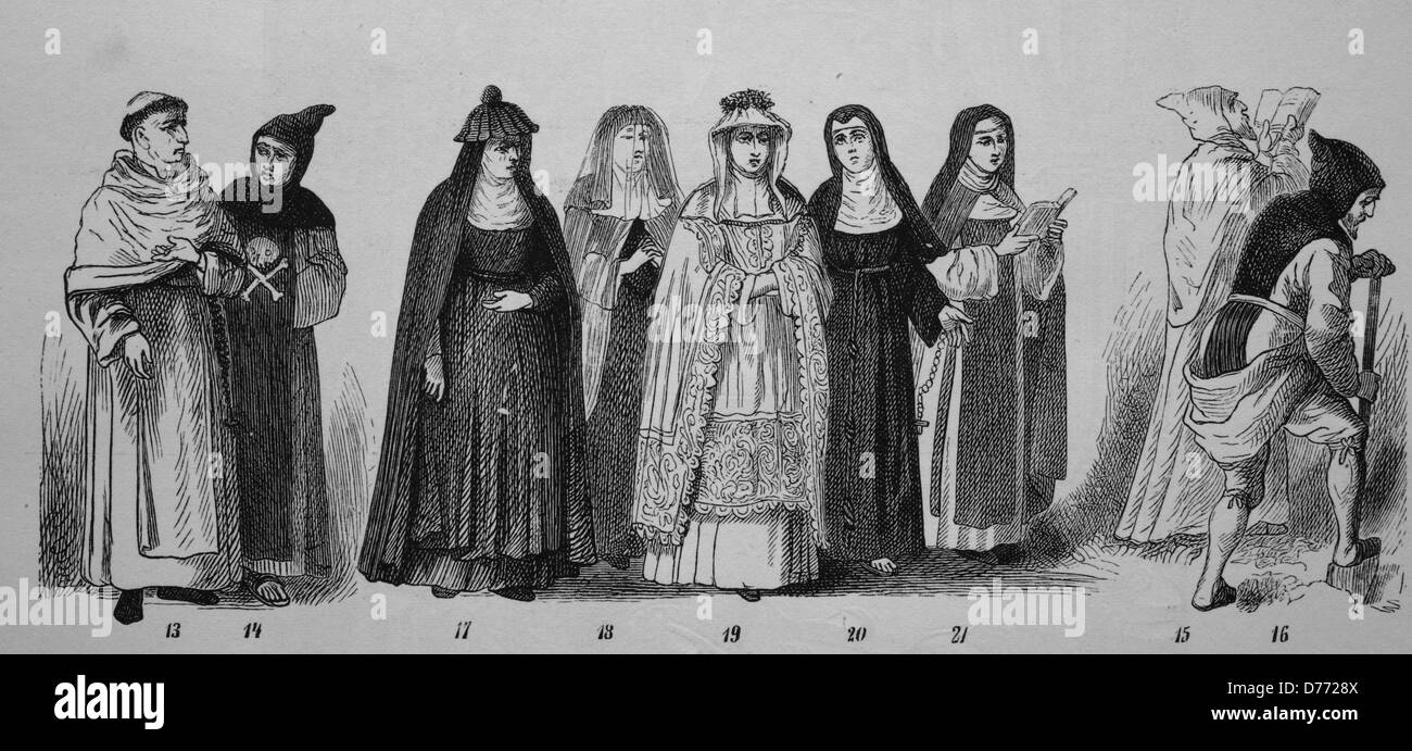 Religious knights: An Augustinian Friar, a Dodens Faedre, a Beguine, an Ursuline, a Benedictine monk, a Clare nun, a sister of t Stock Photo
