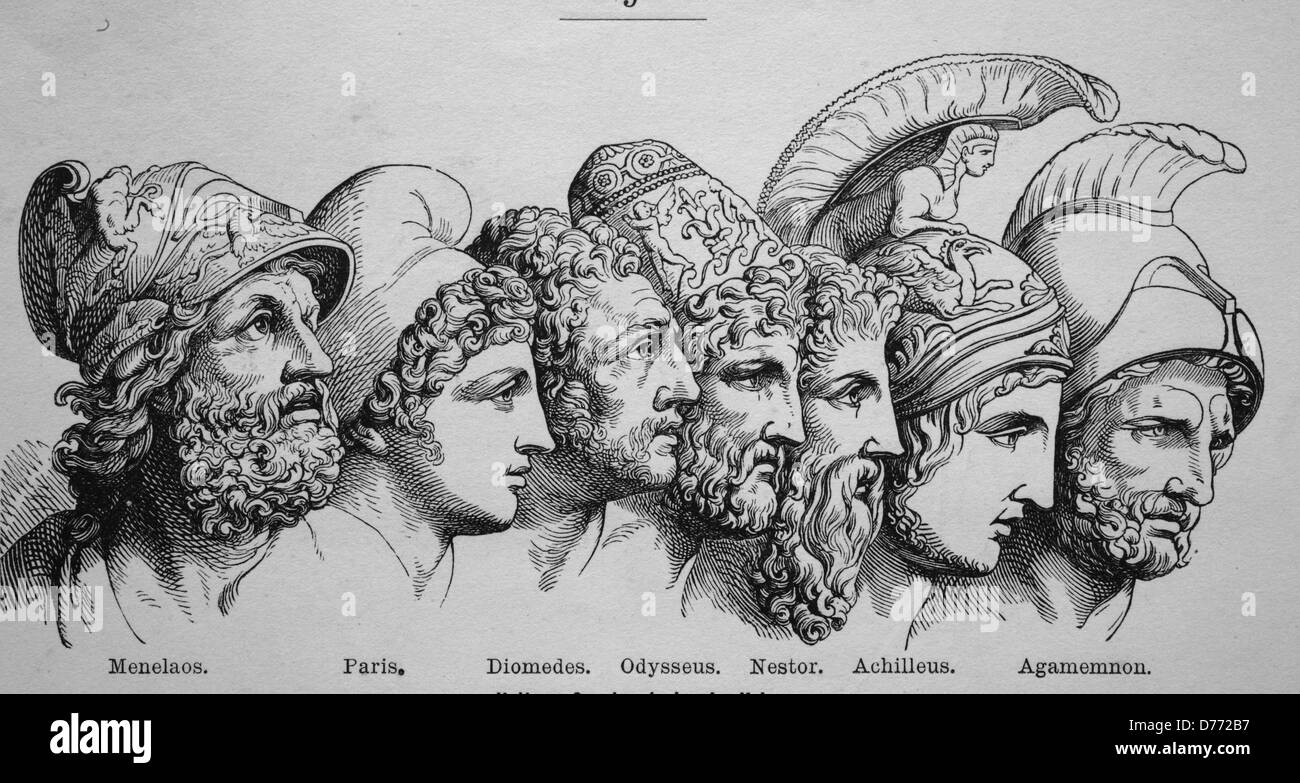 Helden des trojanischen Krieg: Menelaos, Paris, Diomedes, Odysseus, Nestor, Achilles, Agamemnon Stock Photo