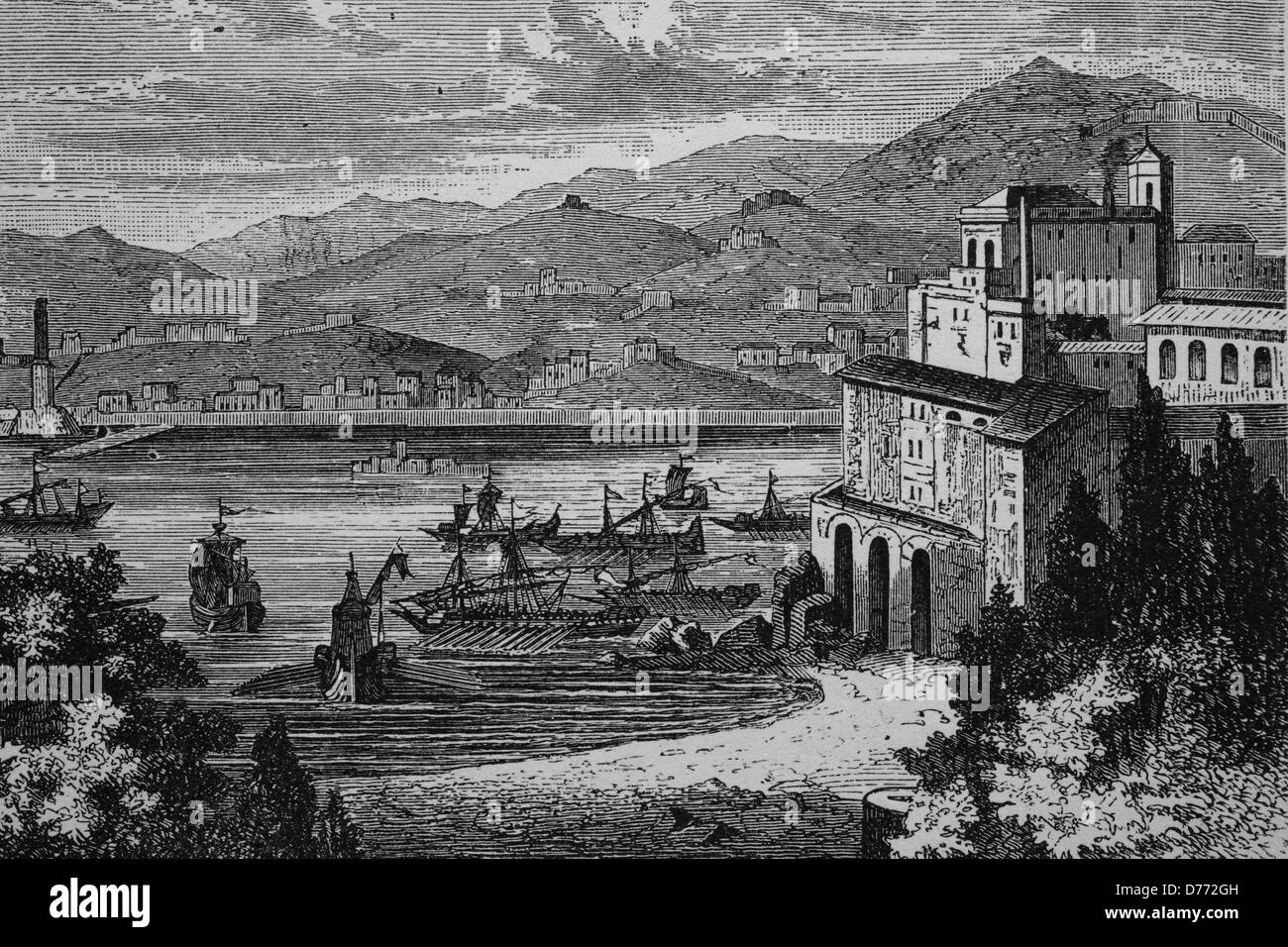 Genoa in the Middle Ages, Italy, historical woodcut, circa 1870 Stock Photo
