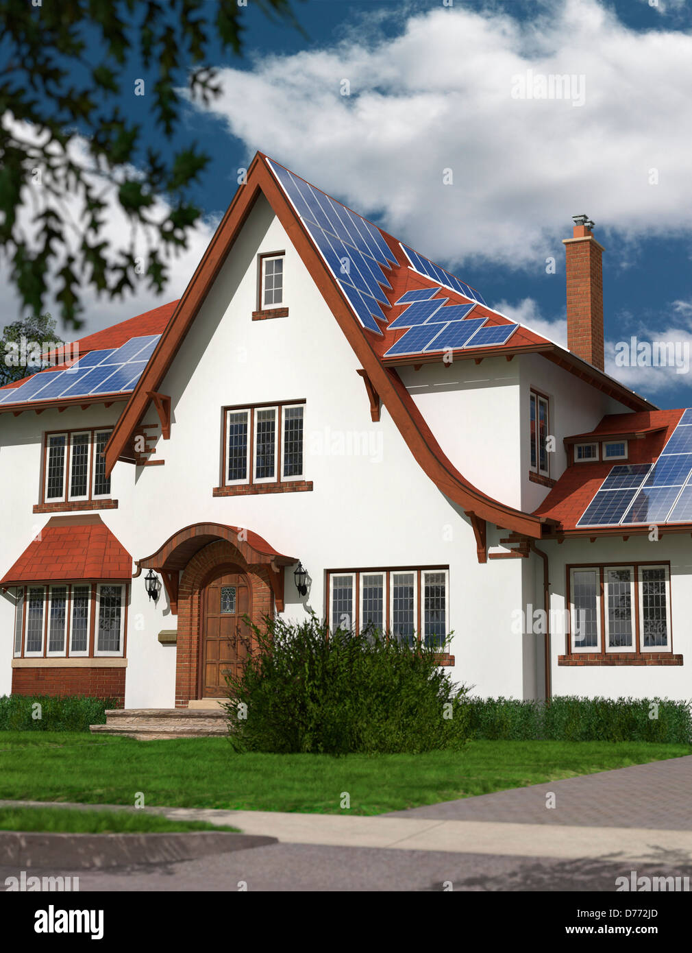 Detached family house with solar panels on the roof powered by solar energy. Sustainable development, renewable energy concept Stock Photo