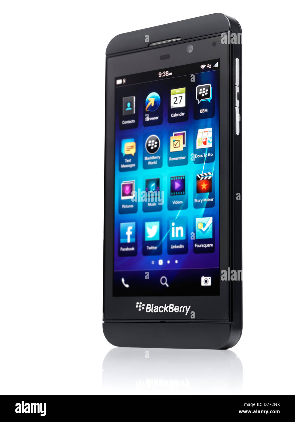 Blackberry Z10 smartphone standing at an angle. Black phone isolated on white background with clipping path Stock Photo
