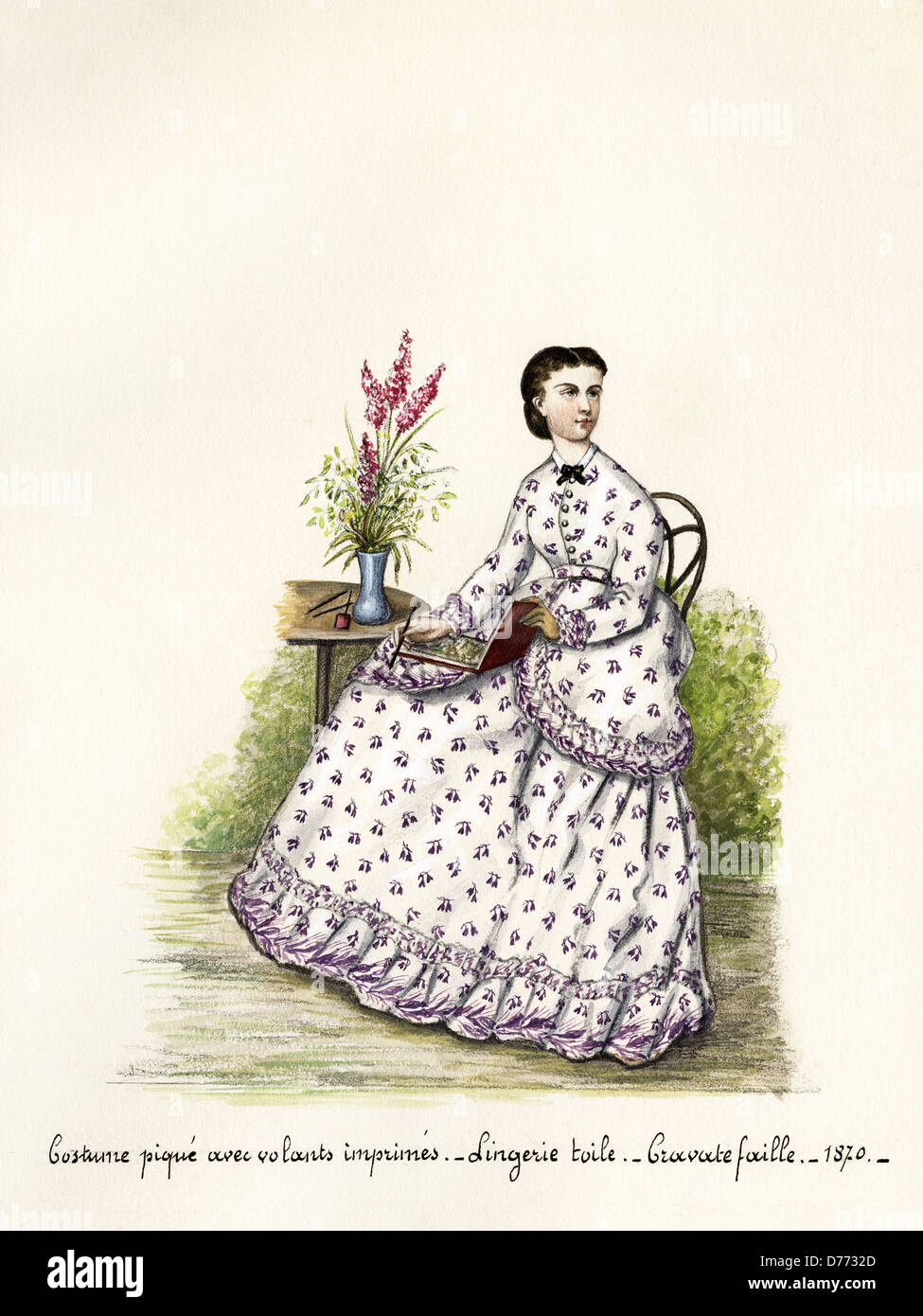 French fashion from the Victorian era dated 1870. Original watercolour painting with description of design in French language artist unknown Stock Photo