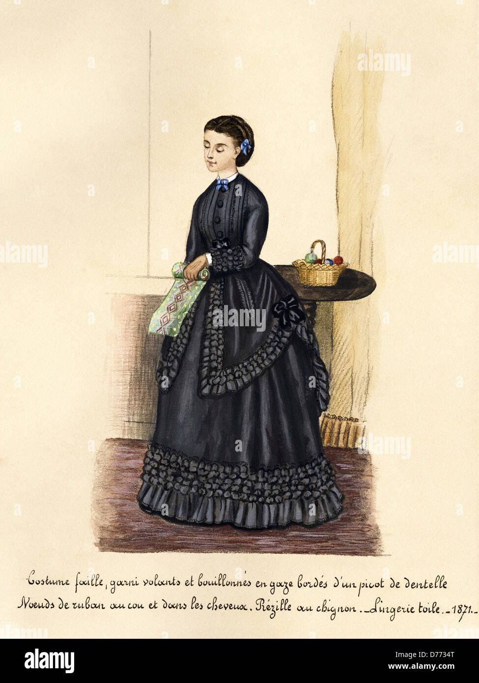 French fashion from the Victorian era dated 1871. Original watercolour painting with description of design in French language artist unknown Stock Photo
