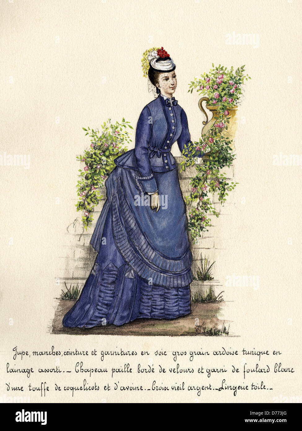 French fashion from the Victorian era circa 1870s. Original watercolour painting with description of design in French language artist unknown Stock Photo