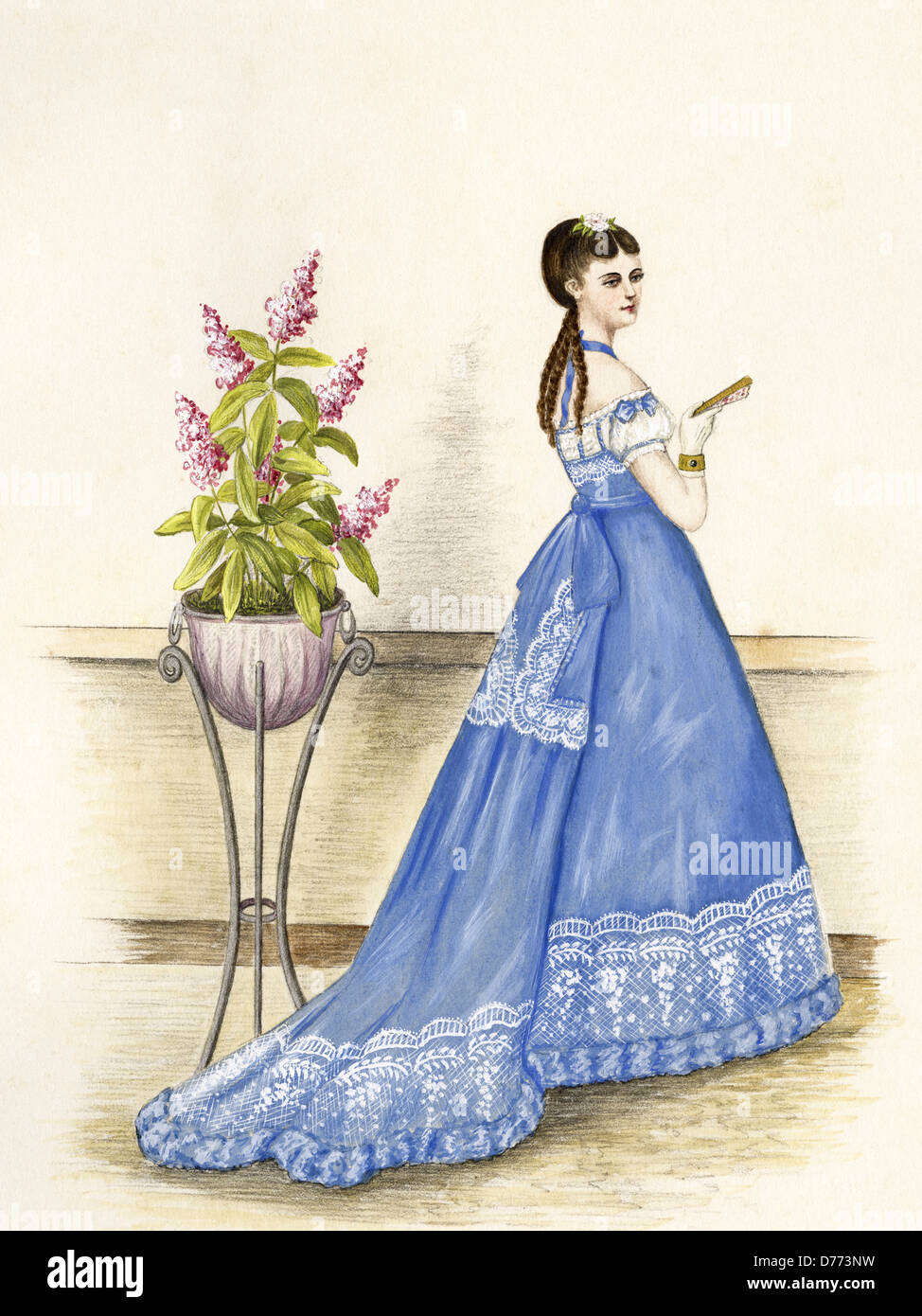 French fashion from the Victorian era dated 1868. Original watercolour painting artist unknown Stock Photo