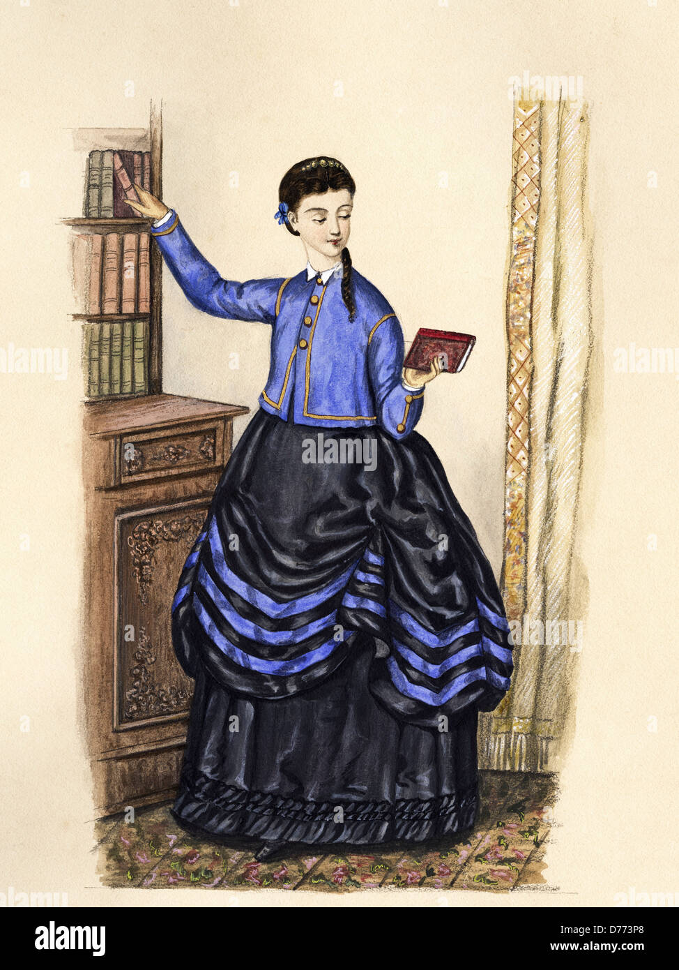 French fashion from the Victorian era dated 1870. Original watercolour painting artist unknown woman reading book in library. Stock Photo