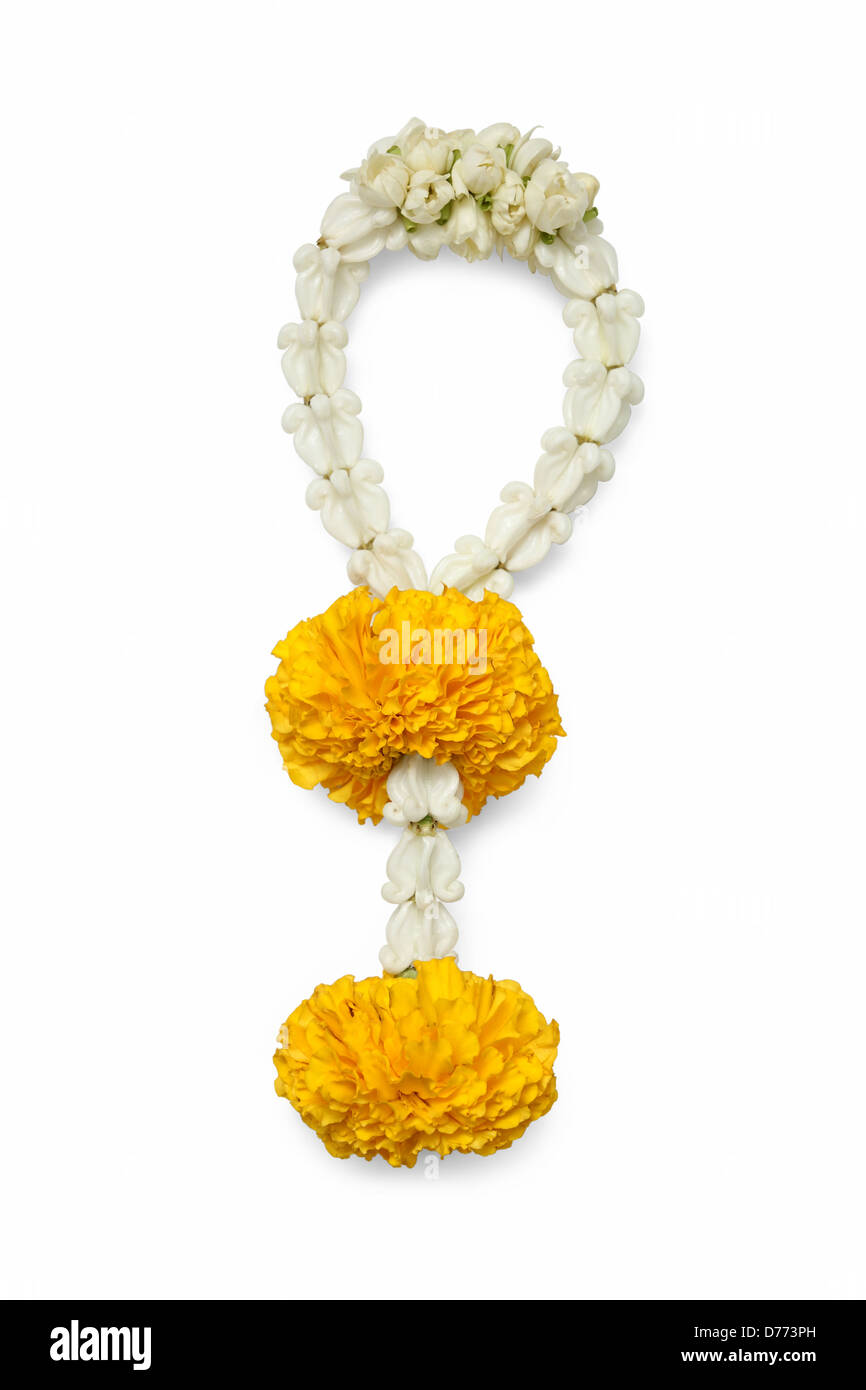 Garland made from marigold,crown flower and jasmine for sacred worship in Thailand Stock Photo
