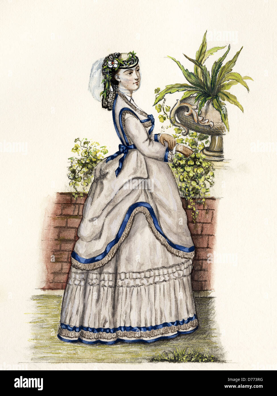 French fashion from the Victorian era dated 1871. Original watercolour painting artist unknown Stock Photo