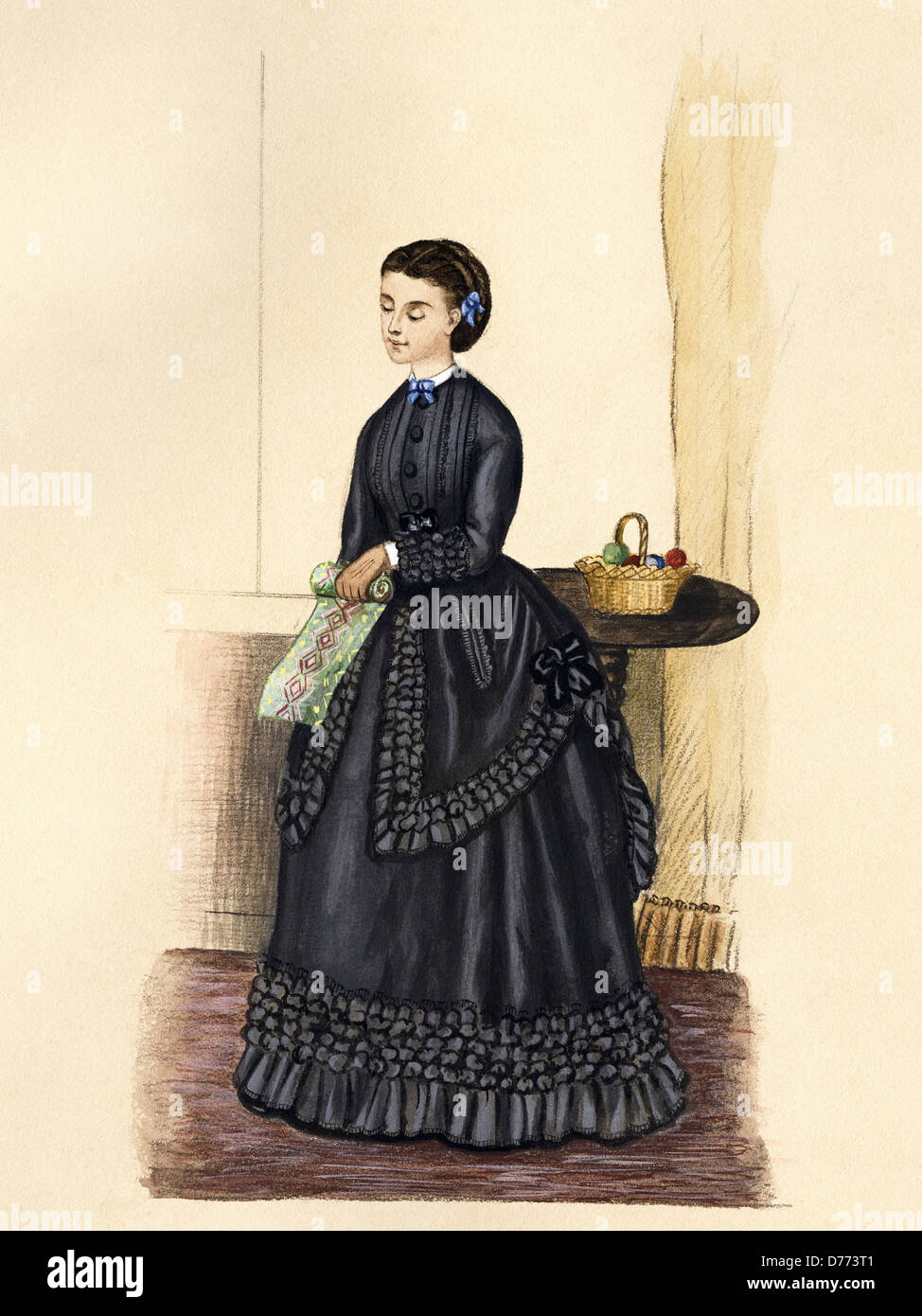 French fashion from the Victorian era dated 1871. Original watercolour painting artist unknown Stock Photo