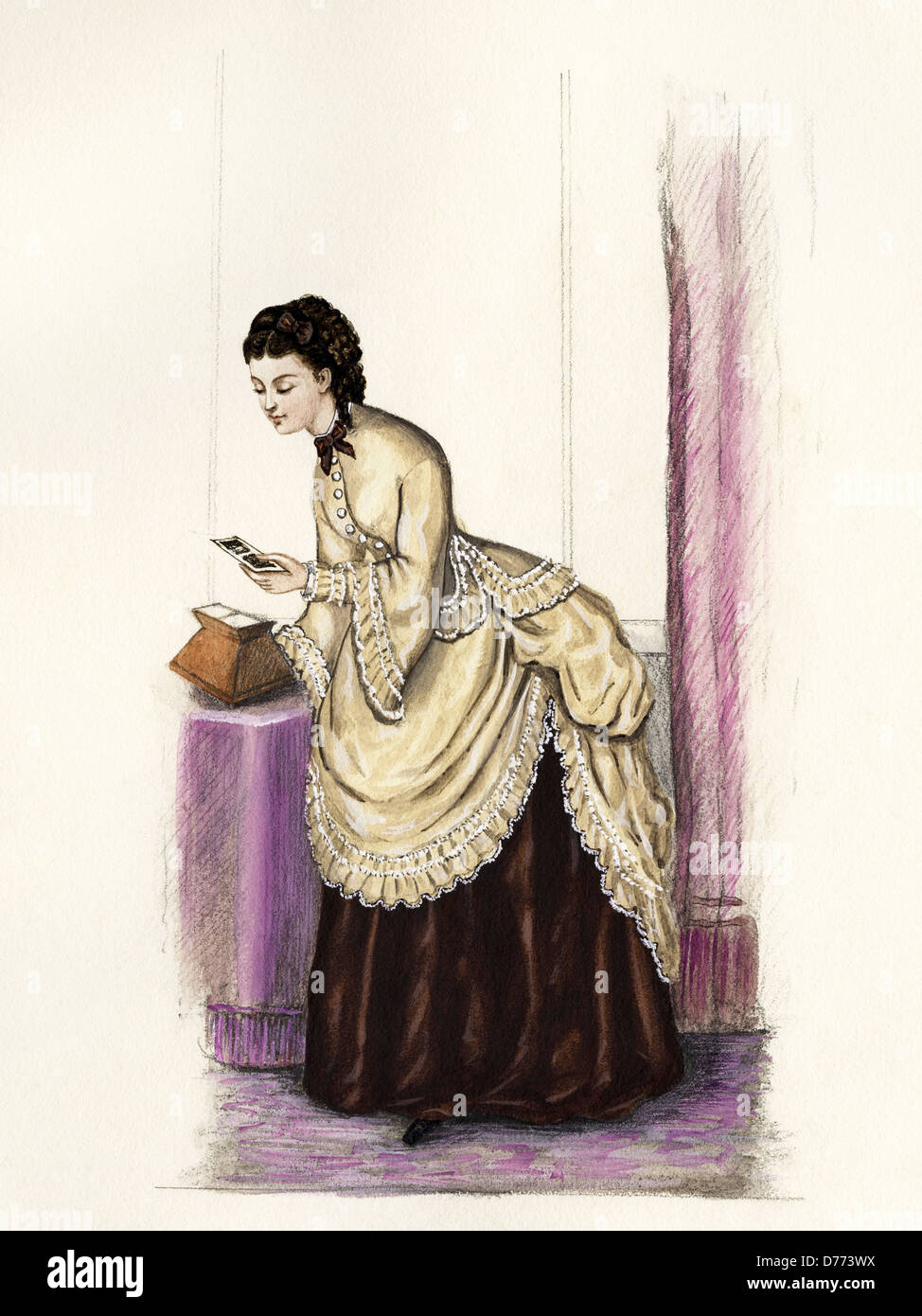 French fashion from the Victorian era dated 1872. Original watercolour painting artist unknown Stock Photo