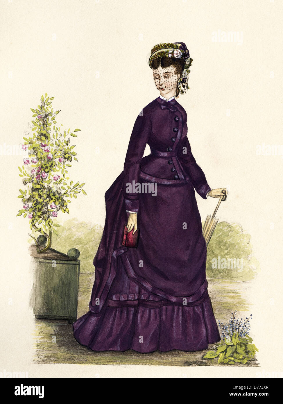 French 19th century fashion from the Victorian era dated 1873. Original watercolour painting artist unknown Stock Photo