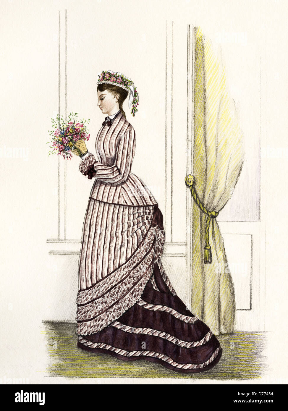 French fashion from the Victorian era dated 1875. Original watercolour painting artist unknown Stock Photo