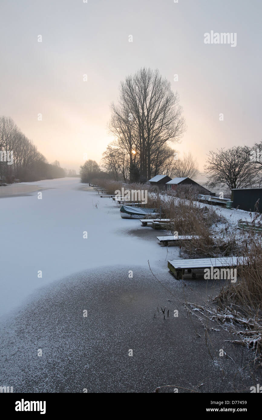 Bovenau, Germany, eider-old frozen canal near the lock at Kluvensiek Stock Photo