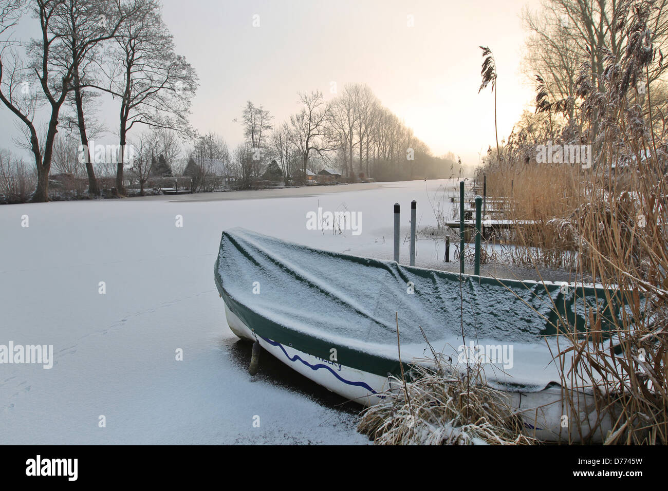 Bovenau, Germany, eider-old frozen canal near the lock at Kluvensiek Stock Photo