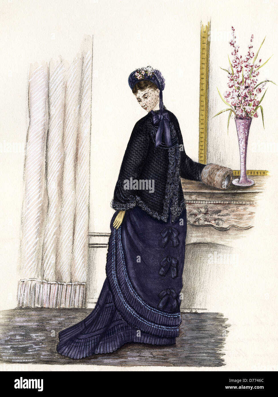 French fashion from the Victorian era dated 1875. Original watercolour painting artist unknown Stock Photo