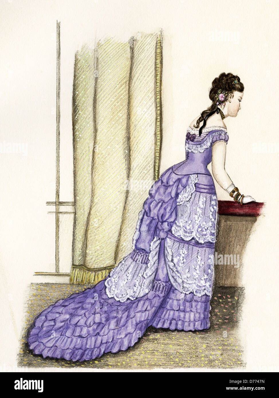 French fashion from the Victorian era dated 1876. Original watercolour painting artist unknown Stock Photo