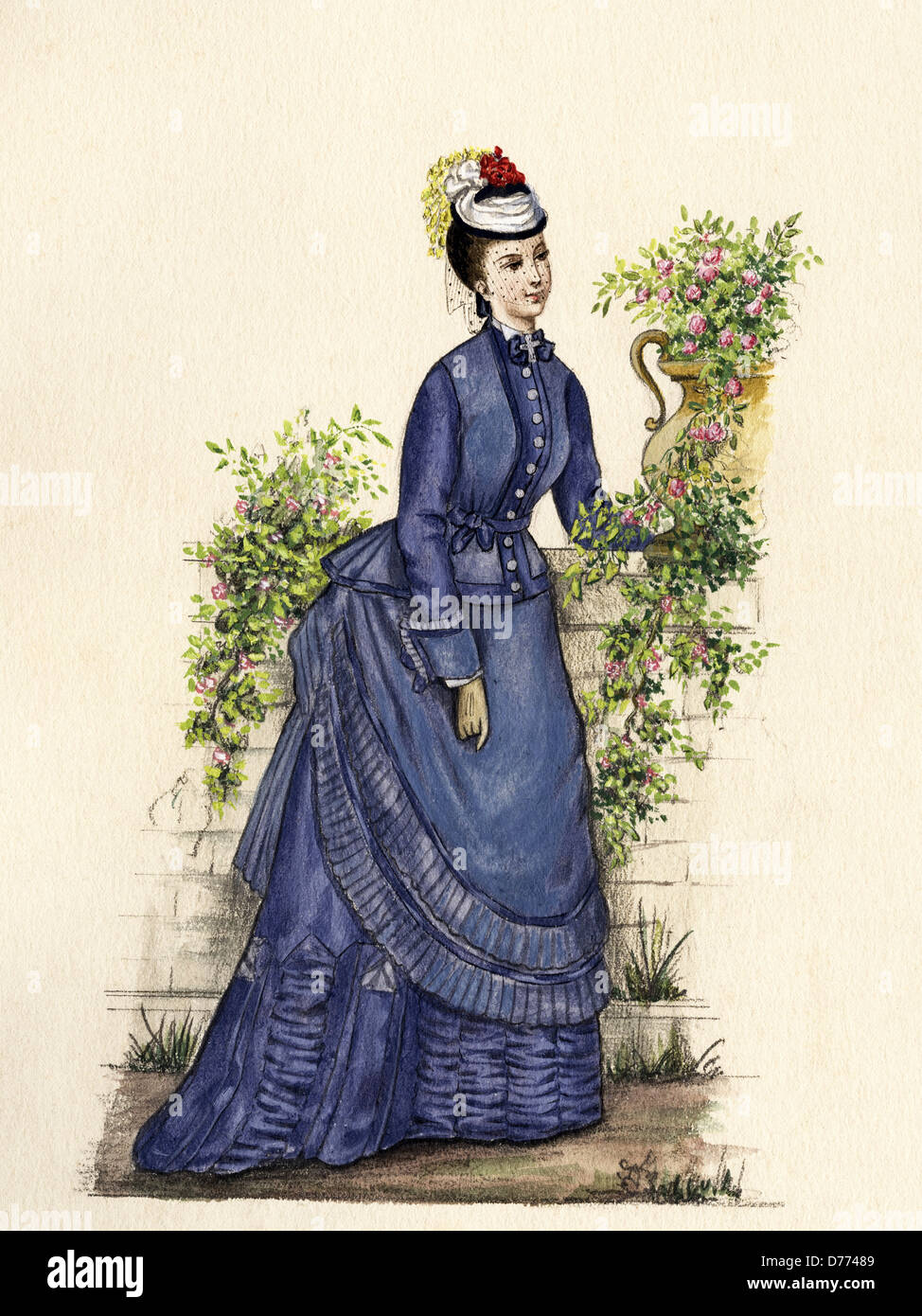 French 19th century fashion from the Victorian era circa 1870s. Original watercolour painting artist unknown Stock Photo