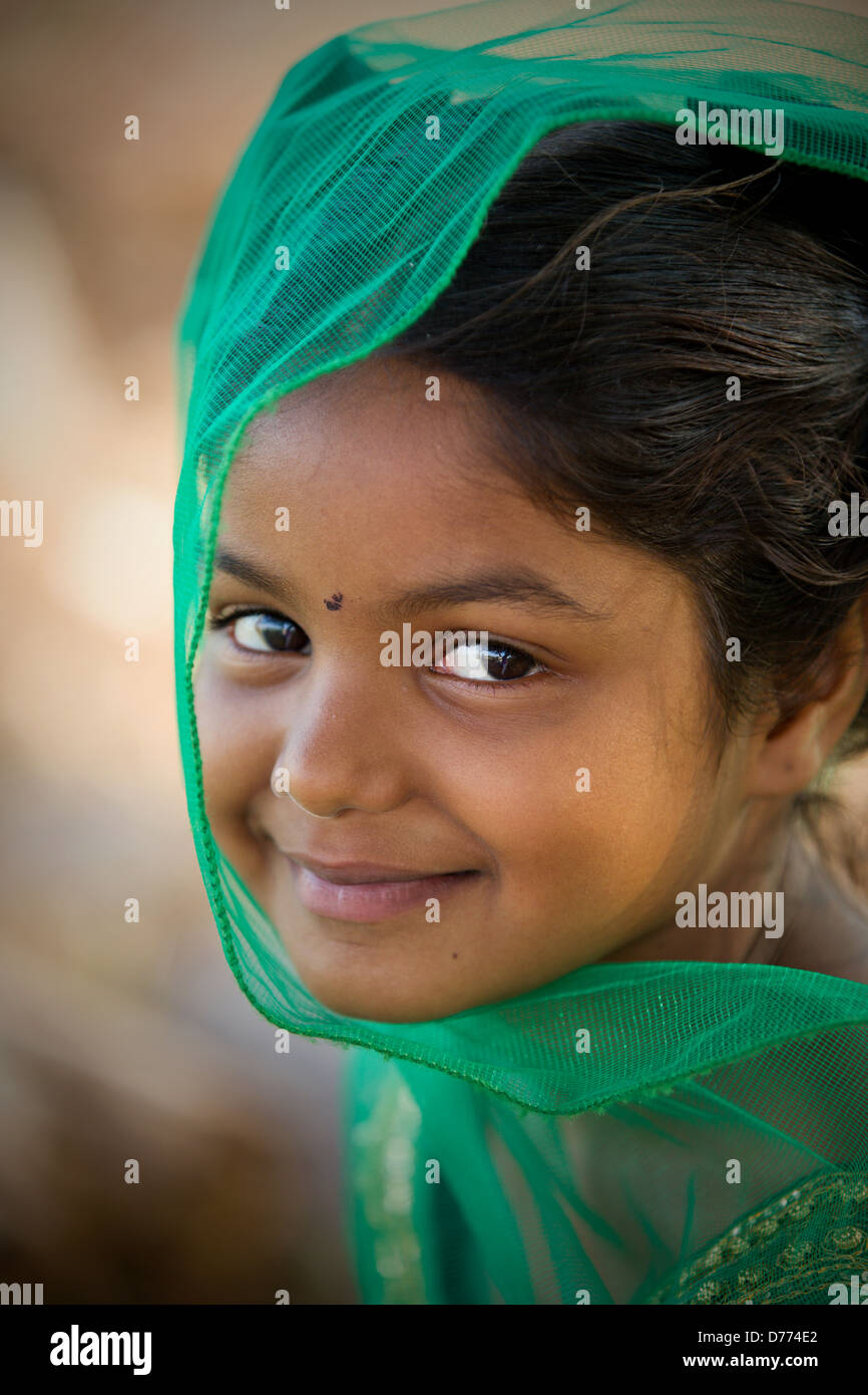 Indian girl Shalini playing with a veil Andhra Pradesh South India ...