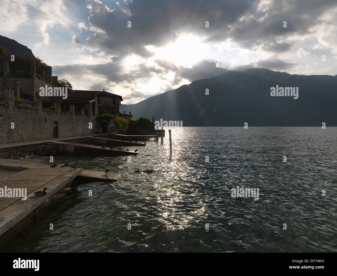 Limone sul Garda, Italy, the old docks and the massif of Monte Baldo Stock Photo