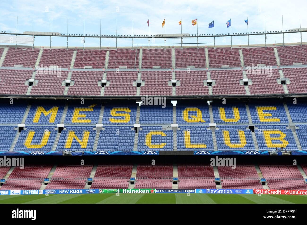 'Mes que un Club' (More than a Club) on the back straights of the Camp Nou Stadium in Barcelona, Spain, 30 April 2013. FC Bayern Munich will play FC Barcelona in the Champions League second-leg semi-final match in Barcelona on 01 May 2013. Photo: ANDREAS GEBERT Stock Photo